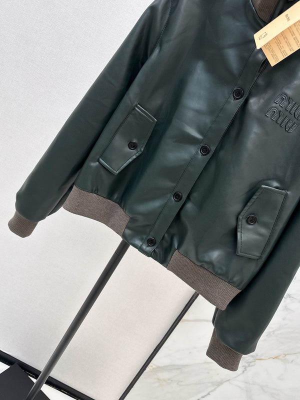 Miu 26S Bomber Jacket Dark Green PU Leather