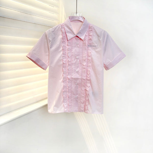 Miu 26S Poplin Shirt Ruffle Front Pink Cotton