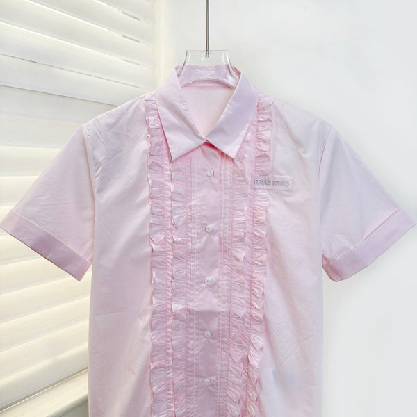 Miu 26S Poplin Shirt Ruffle Front Pink Cotton