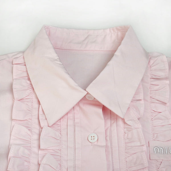 Miu 26S Poplin Shirt Ruffle Front Pink Cotton