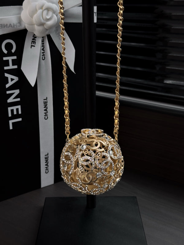CC 25A Sphere Minaudière Bag 13cm Gold-Tone Metal Rhinestones
