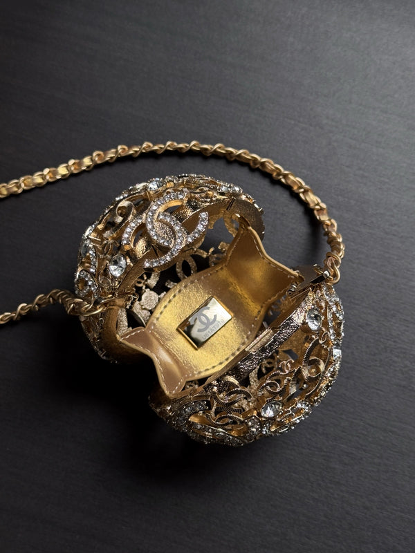 CC 25A Sphere Minaudière Bag 13cm Gold-Tone Metal Rhinestones