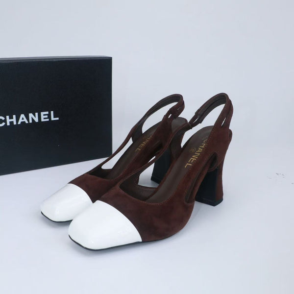 CC Slingback Pumps 9cm Dark Brown White Suede