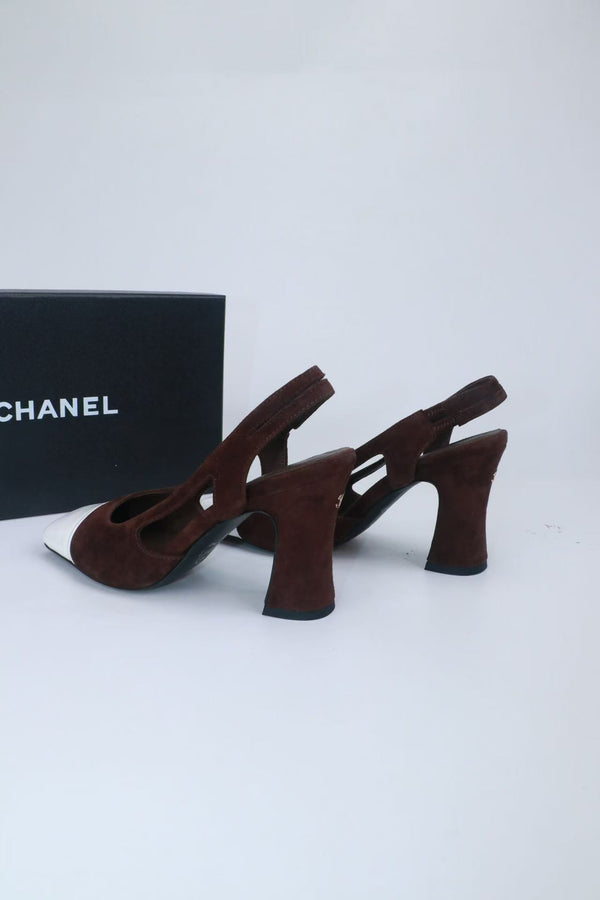 CC Slingback Pumps 9cm Dark Brown White Suede