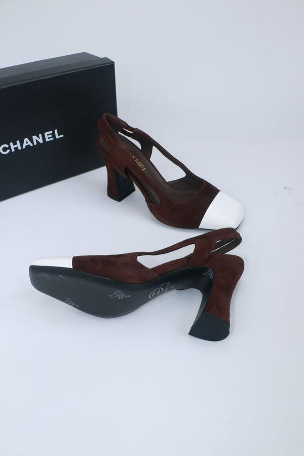 CC Slingback Pumps 9cm Dark Brown White Suede