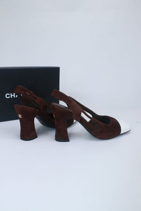 CC Slingback Pumps 9cm Dark Brown White Suede