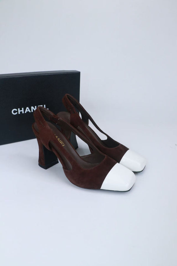CC Slingback Pumps 9cm Dark Brown White Suede