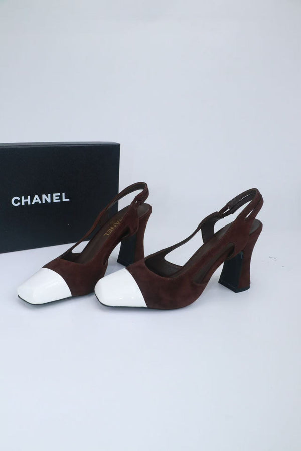 CC Slingback Pumps 9cm Dark Brown White Suede