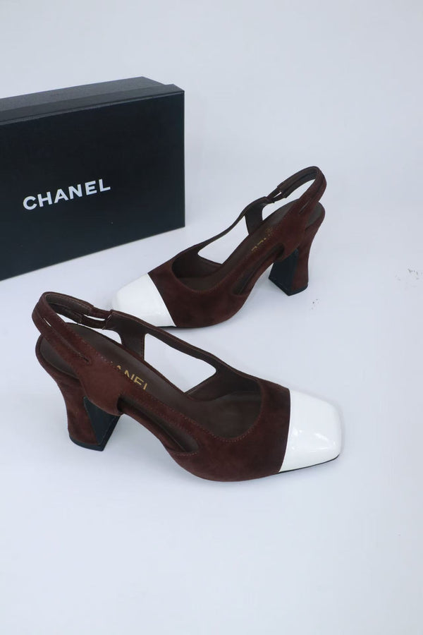 CC Slingback Pumps 9cm Dark Brown White Suede