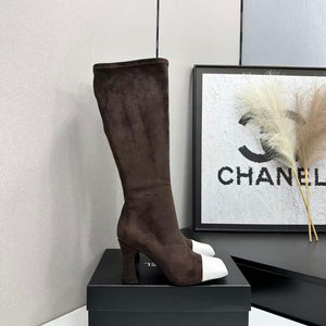 CC Bicolor Cap-Toe High Boots 8.5cm Dark Brown Stretch Suede