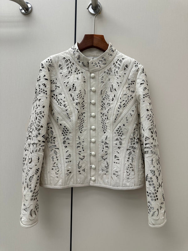 HM 26S Laser-Cut Lace Pattern Jacket Mock Collar Round Buttons Leather 435206