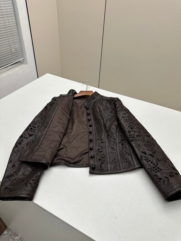 HM 26S Laser-Cut Lace Pattern Jacket Mock Collar Round Buttons Leather 435206