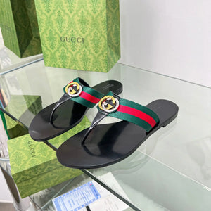 GG 26SS Kika Thong Sandals Web Stripe Interlocking Logo Black Rubber