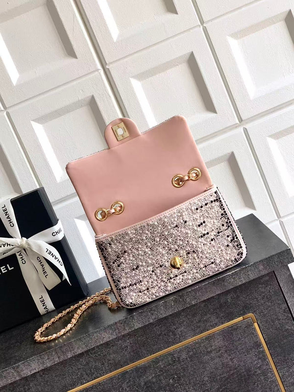 CC Mini Flap Bag 20cm Pink Black Sequin Leather