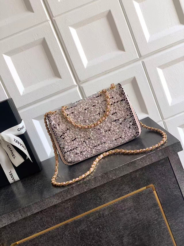 CC Mini Flap Bag 20cm Pink Black Sequin Leather