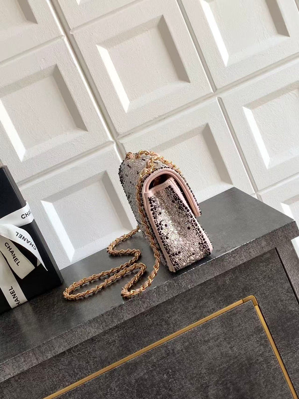 CC Mini Flap Bag 20cm Pink Black Sequin Leather