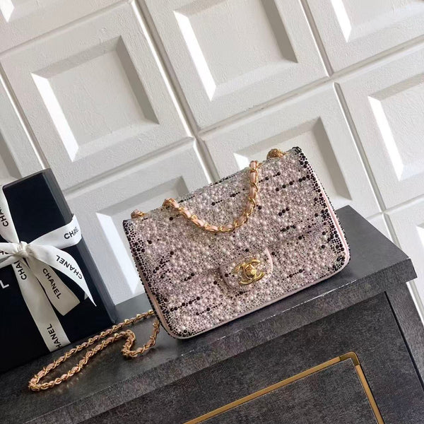 CC Mini Flap Bag 20cm Pink Black Sequin Leather
