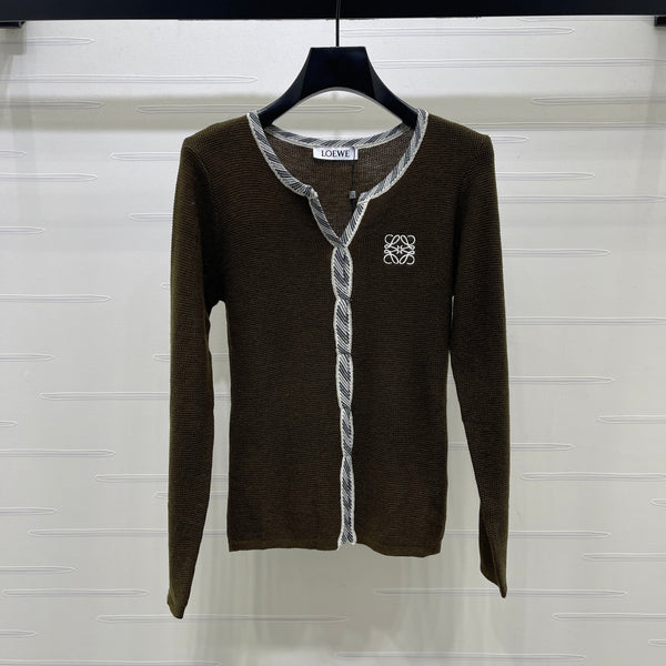 Loewe V-Neck Cardigan Textured Twisted Trim Embroidered Anagram Logo Polyester