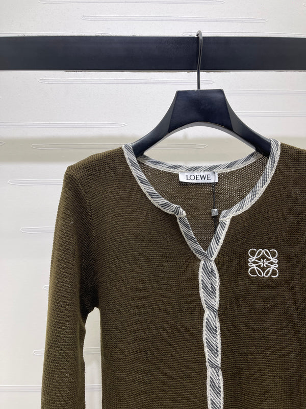 Loewe V-Neck Cardigan Textured Twisted Trim Embroidered Anagram Logo Polyester