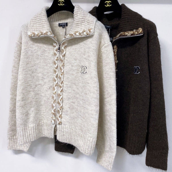 CC 26FW Textured-Trim Zip-Up Sweater CC Logo Cashmere 274028
