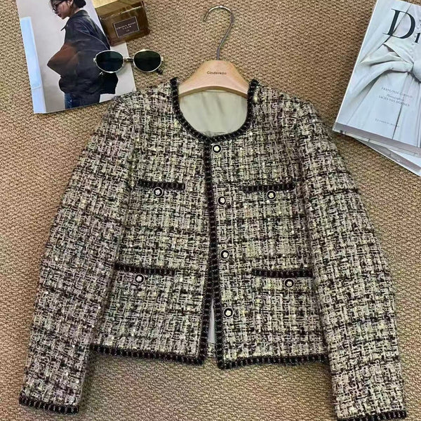 CC Women's Style Jacket Round-Neck Coat Tweed