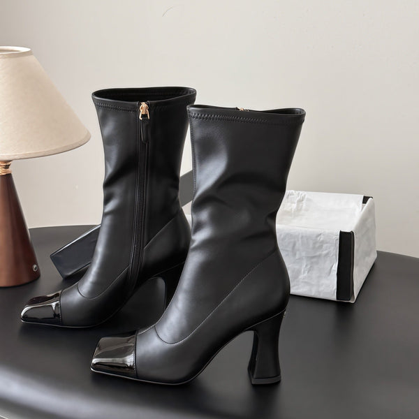 CC High Boots 85mm Block Heel Square Toe Patent in Black Cowhide