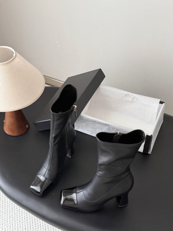 CC High Boots 85mm Block Heel Square Toe Patent in Black Cowhide