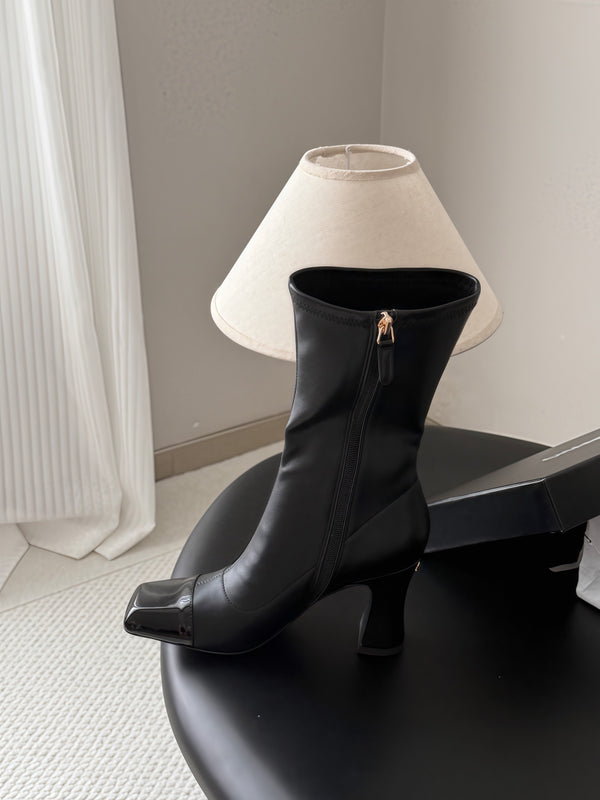 CC High Boots 85mm Block Heel Square Toe Patent in Black Cowhide