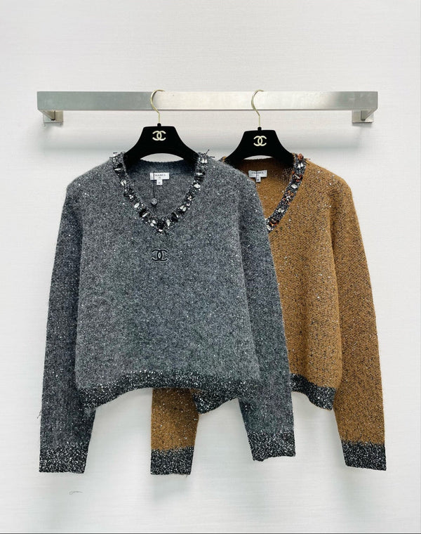 CC 26FW Crystal-Embellished Collar V-Neck Knit Sweater Polyester 440382