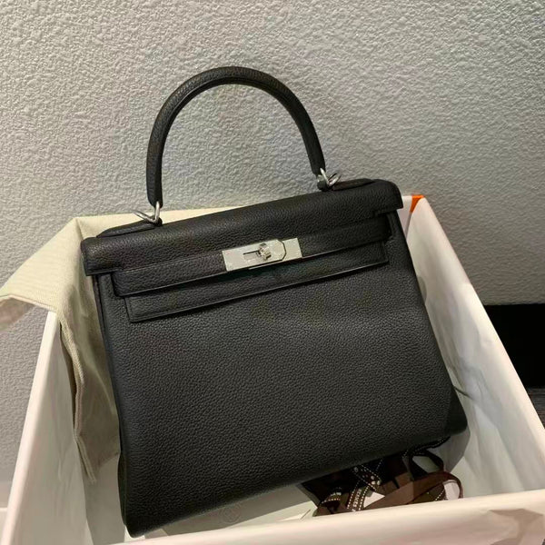 HM Kelly Retourne Bag 28cm Black Togo With Silver Hardware