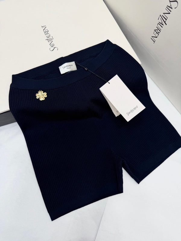 YSL Biker Shorts Dark Blue Wool-Knit Rayon Nylon