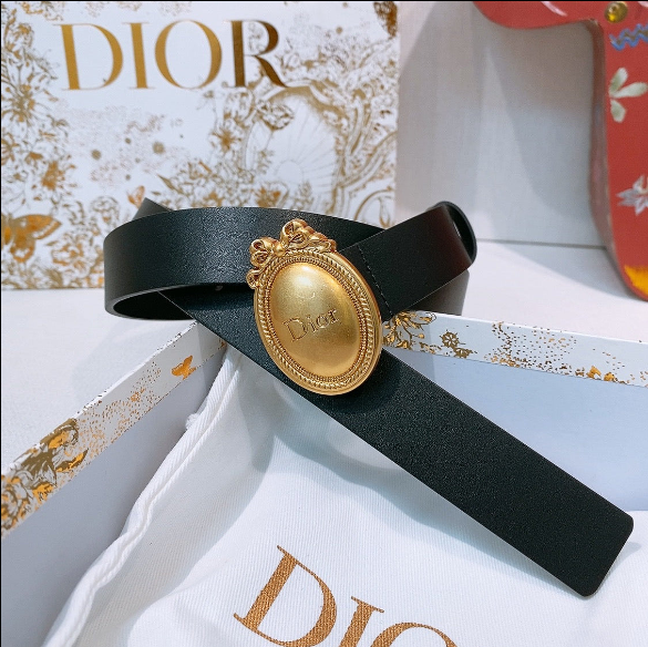 CD 26FW Médaillon Belt 25mm Antique Gold Buckle Black Leather