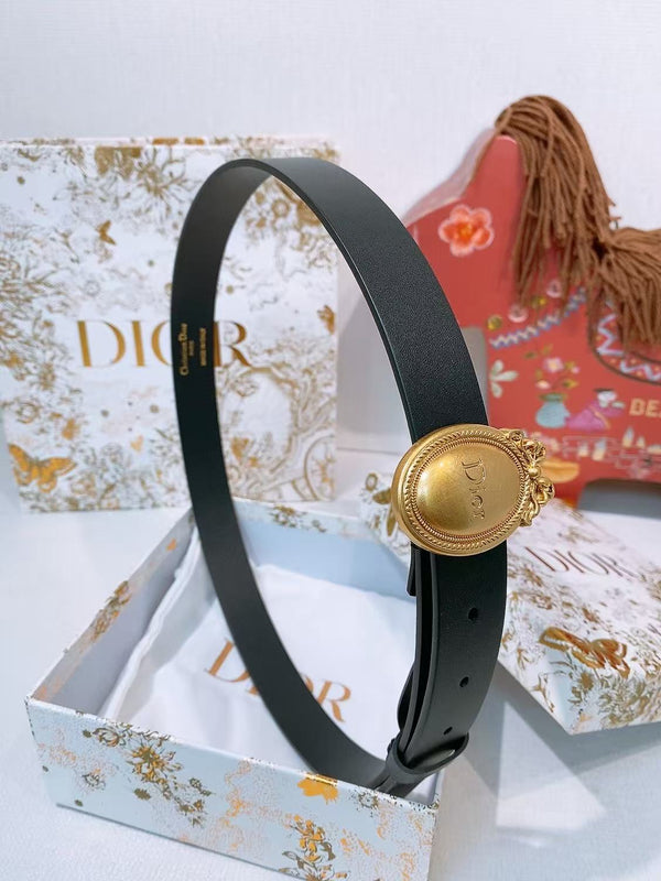 CD 26FW Médaillon Belt 25mm Antique Gold Buckle Black Leather