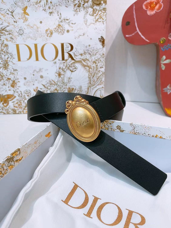 CD 26FW Médaillon Belt 25mm Antique Gold Buckle Black Leather