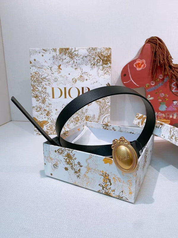 CD 26FW Médaillon Belt 25mm Antique Gold Buckle Black Leather