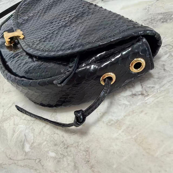 CE 26S Half-Moon Shoulder Bag 25cm Black Embossed Cowhide Leather
