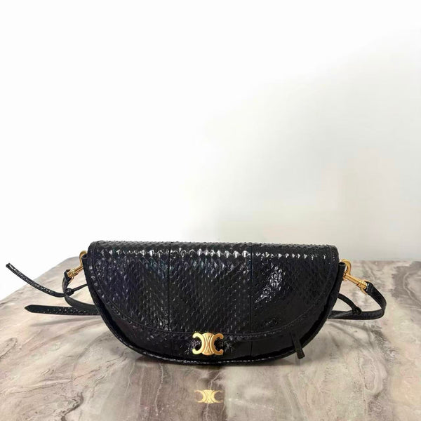 CE 26S Half-Moon Shoulder Bag 25cm Black Embossed Cowhide Leather