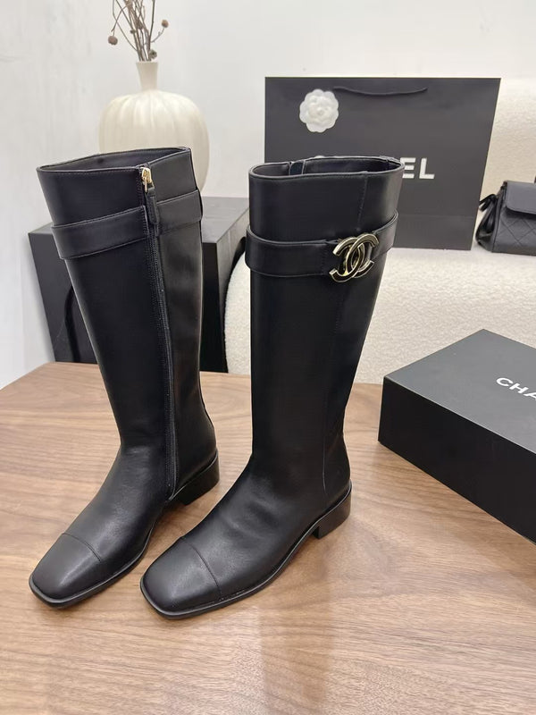 CC 26ss Knee-High Boots 3.5 cm Black Calfskin Leather