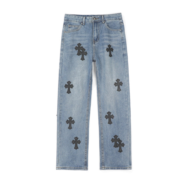 CH 26FW Straight-Leg Cross Patch Jeans Light Blue Cotton Denim