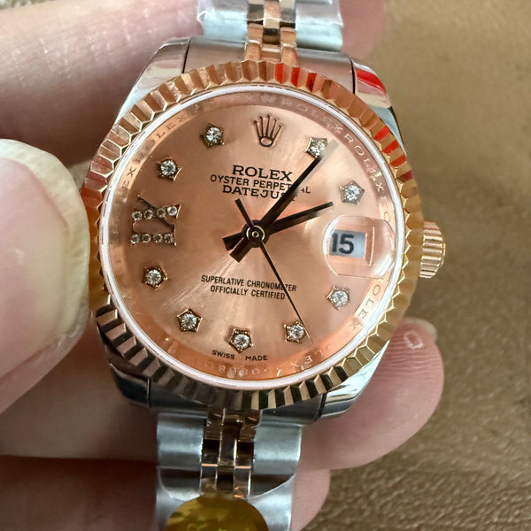 Lady-Datejust 28mm Everose Gold Steel Fluted Bezel Rose Dial Star Diamond Markers