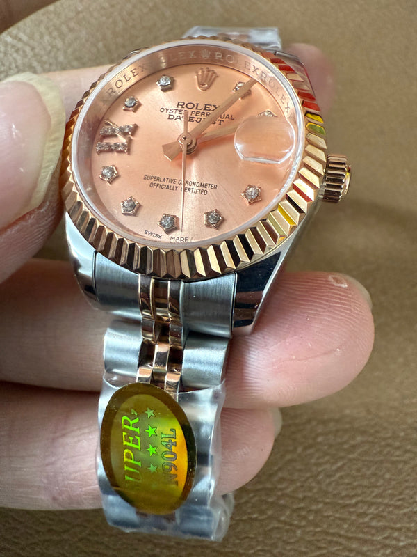 Lady-Datejust 28mm Everose Gold Steel Fluted Bezel Rose Dial Star Diamond Markers