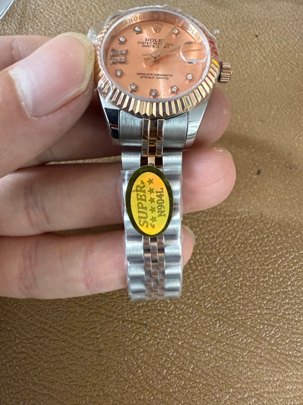 Lady-Datejust 28mm Everose Gold Steel Fluted Bezel Rose Dial Star Diamond Markers