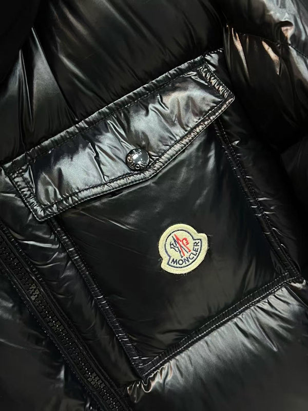 MC 26S Montbeliard Hooded Short Down Jacket Tricolor Zipper Black Nylon Laqué