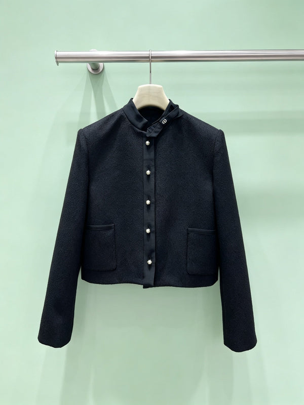 CD 26FW Cropped Stand-Collar Jacket Black Pearl Button Wool Blend 430542