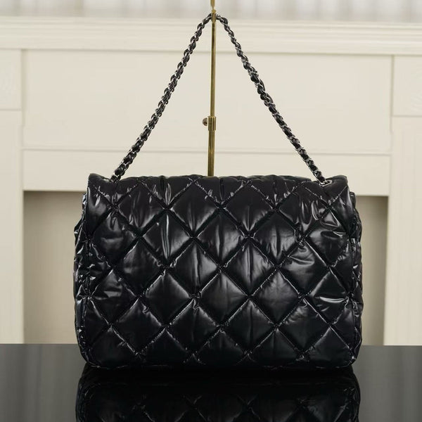 CC 26FW Coco Neige Maxi Flap Bag 38cm Black Glossy Nylon