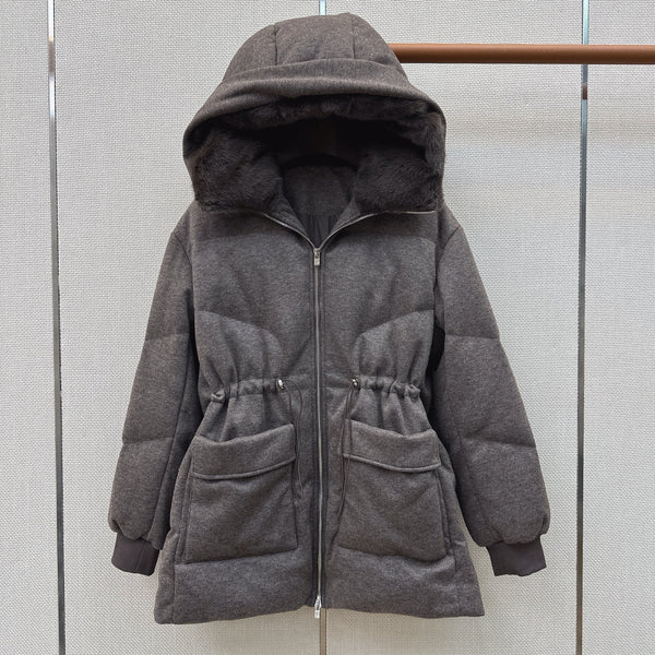 LP 26S Hooded Down Parka Fur Trim Drawstring Waist Wool Blend