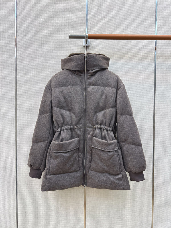 LP 26S Hooded Down Parka Fur Trim Drawstring Waist Wool Blend