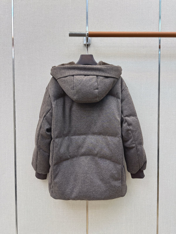 LP 26S Hooded Down Parka Fur Trim Drawstring Waist Wool Blend