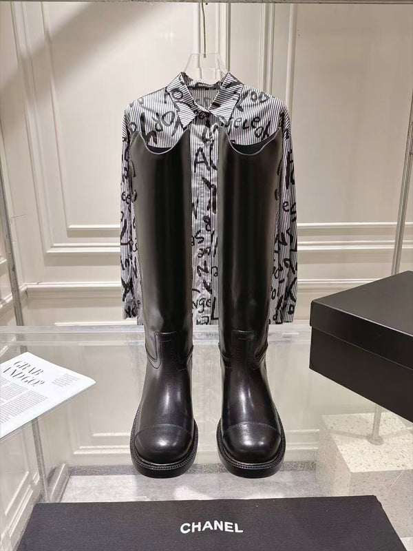 CC 26FW Riding Boots Embossed Logo Black Cowhide