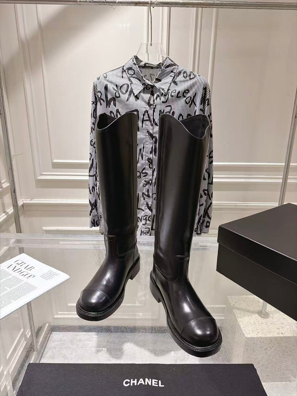CC 26FW Riding Boots Embossed Logo Black Cowhide